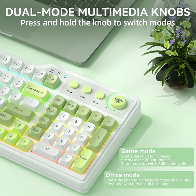 Aula F3099 Wireless Keyboard with Media Knob, Tri-Mode BT5.0/2.4GHz/USB-C Cute Creamy Keyboard with Number Pad, RGB Backlit Gaming Keyboard, Quiet Typing Green Computer Keyboards for Office Laptop/PC