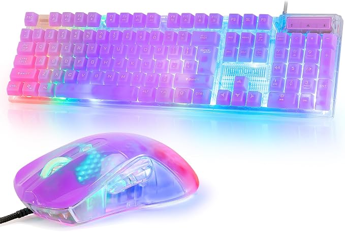 RGB Gaming Keyboard and Mouse Combo,USB Wired Custom Clear Keyboards | Rainbow LED Backlight Transparent Keyboard Mouse Set for Computer Windows PC PS4 Xbox Laptop
