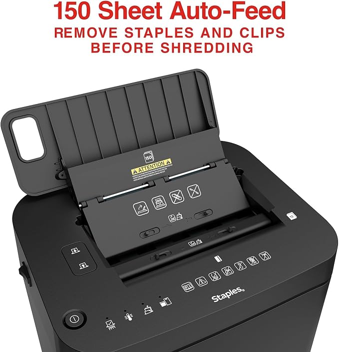 Staples 150-Sheet Micro-Cut Paper Shredder, Autofeed, Anti-Jam, Black | 7.4-gallon pull-out bin for home or office shredding of bulk documents.