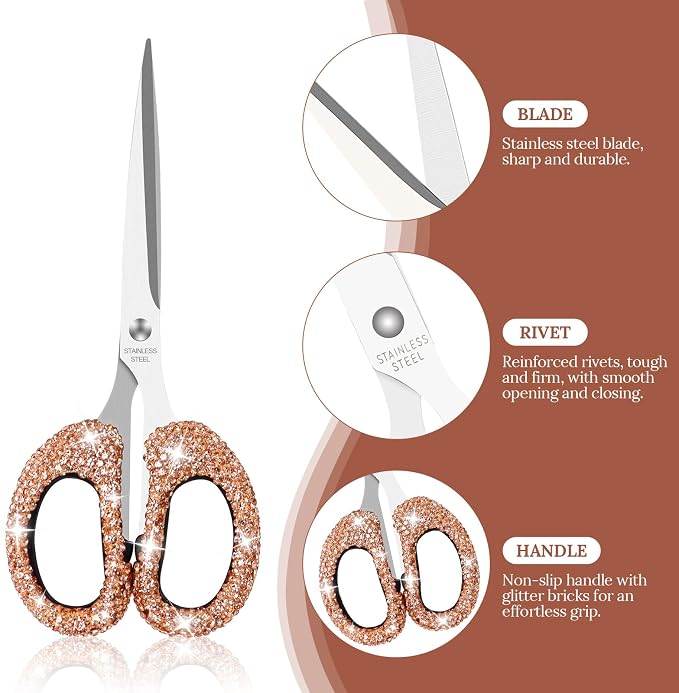 MultiBey 6.3" Rhinestone Cute Scissors, Champagne Gold | Cute Sparkly Rhinestone Scissors with Stainless Steel Blades | Aesthetic Craft Shears for Scrapbooking, Journaling & Office