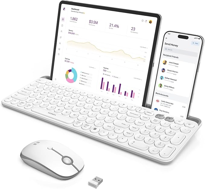 seenda CTU-301 Bluetooth Keyboard and Mouse Combo for iPad,White | Bluetooth+2.4G combo with tablet holder, full-size keys and quiet clicks for iPad, iPhone, Mac, Windows and Android.