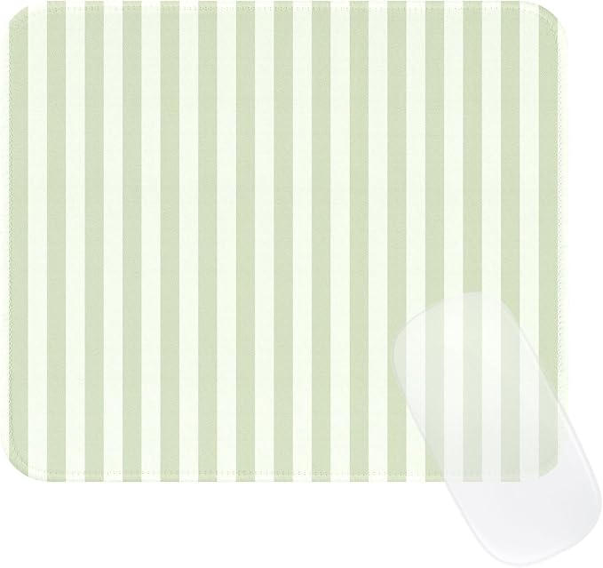 Square Cute Striped Mouse Pad with Stitched Edge, Premium Waterproof Cloth Aesthetic Small Stripe Mouse Mat, Non-Slip Rubber Base Funny Mousepad Desk Accessories,Striped Green Beige
