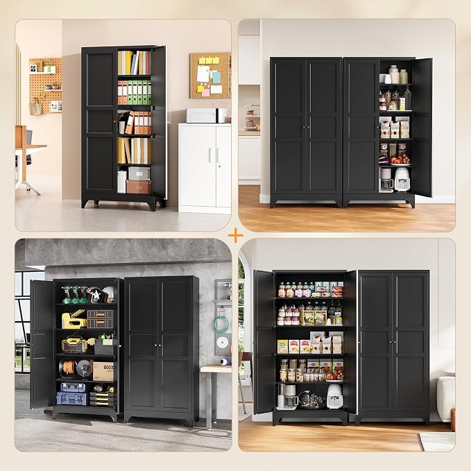 Metal Pantry Cabinet, 75" Kitchen Pantry with 2 Door and 4 Adjustable Shelves,Black Metal Pantry Storage Cabinet,Cupboard for Kitchen,Dining Room,Living Room and Bathroom