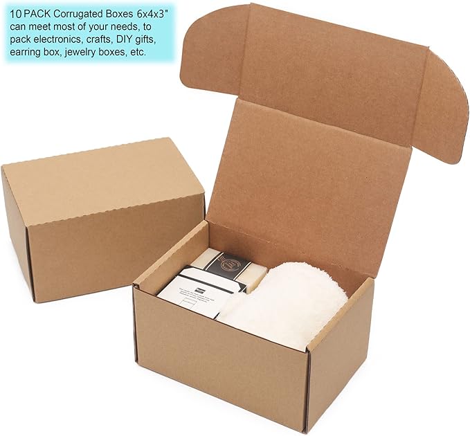 10 Pack Small Shipping Boxes 6x4x3'' Corrugated Small Cardboard Boxes for Shipping, Recyclable Packaging Boxes for Business, Mailer, Gift Packing, Crafts Packing, Jewelry Box, Brown