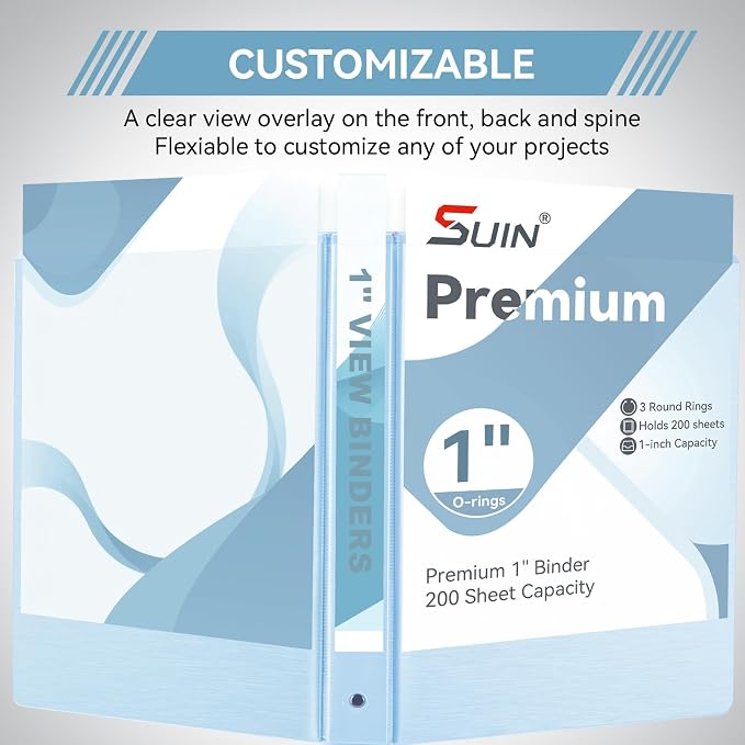 SUIN 1 Inch 3 Ring Binder, Clear 1'' View Presentation Binders with 2 Pockets, Fits 8.5 x 11 Letter Size, Durable Polypropylene, Non-Stick & PVC-Free for School, Office & Home (Brushed Blue)
