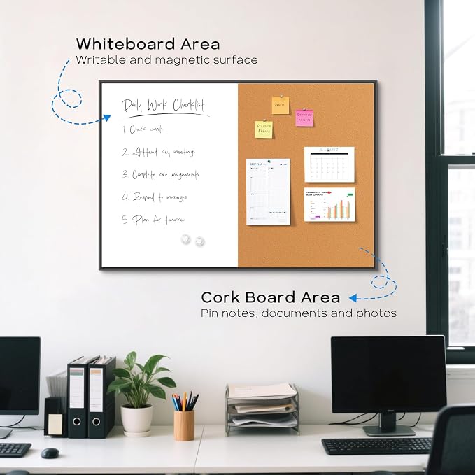 Magnetic Dry Erase White Board & Cork Board Combo, 36"x24", Wall Mounted | Black Aluminum Frame, Dry Erase Board and Cork Bulletin Board, Vision Board, for Home Office, School, Kitchen