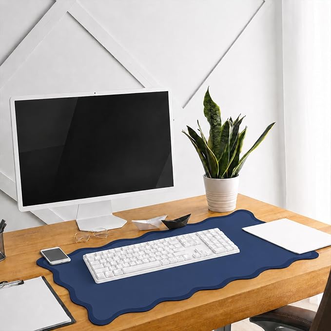 Hahafelt Scalloped Desk Mat Waterproof,Navy Blue,31.5 X 15.8 Inches | Coquette Preppy Style for School Office Makeup Vanity, Nonslip Gaming Desktop Protector with Scalloped Stitched Edge Mat