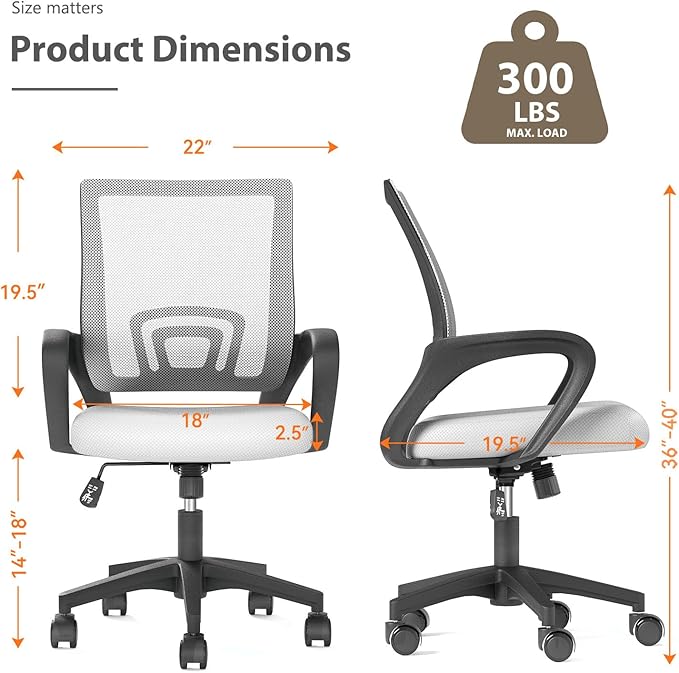 Home Office Chair, Ergonomic Mid-Back Mesh Desk Chair with Lumbar Support, Adjustable Swivel Rolling Design, Comfy Armrest for Work, Study, Gaming, Vanity (White, Double Chair)