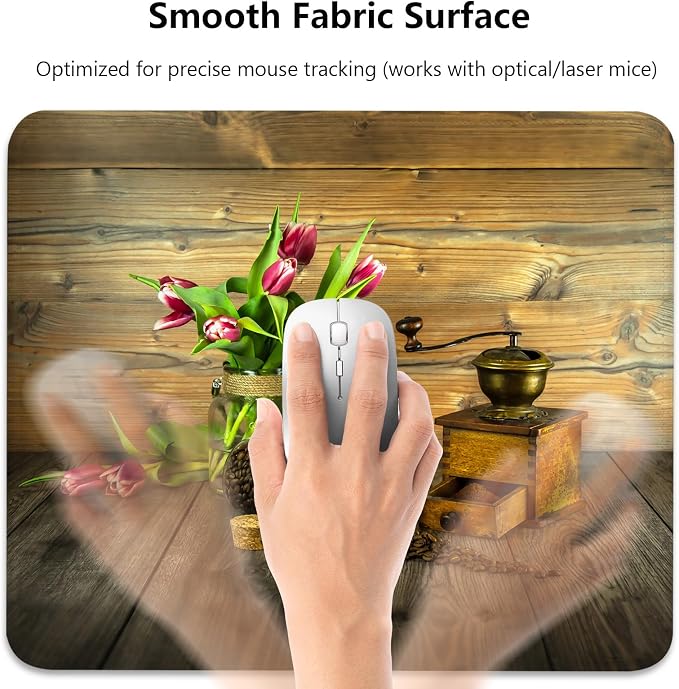 Vintage Coffee Beans Grinder with Pink Tulips Mouse Pad, Cute Desk Mat | Rustic Farmhouse Kitchen Design, Mousepad Stitched, Anti-Slip Base Smooth Surface, 9.5 x 7.9 Inches