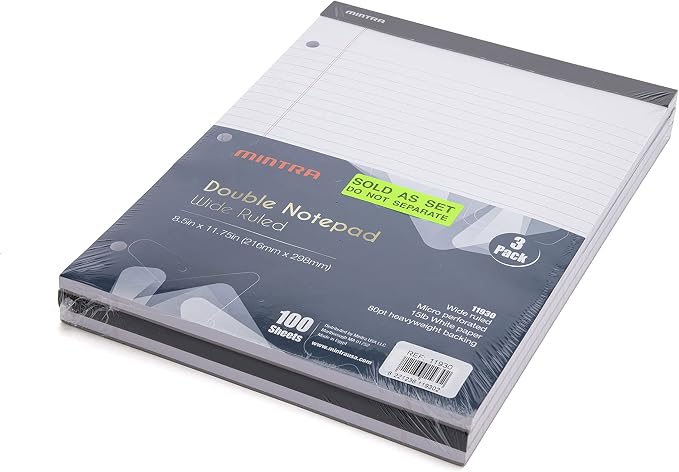 Mintra Office White Legal Pads – Ruled Notepads and Micro-Perforated Sheets, Ideal for Writing, Note-Taking & Creativity, Office, or Professional Use, Double Pad 3 pack, 8.5"x11" (Wide Ruled)