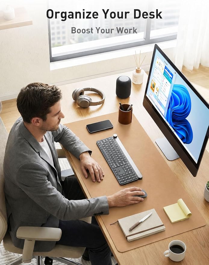 Aothia Faux Leather Desk Mat for Keyboard & Mouse (Khaki, 42" x 17") | Creates One Clean Surface For Your Keyboard, Mouse And Laptop, Helping Keep Your Workspace Organized Every Day