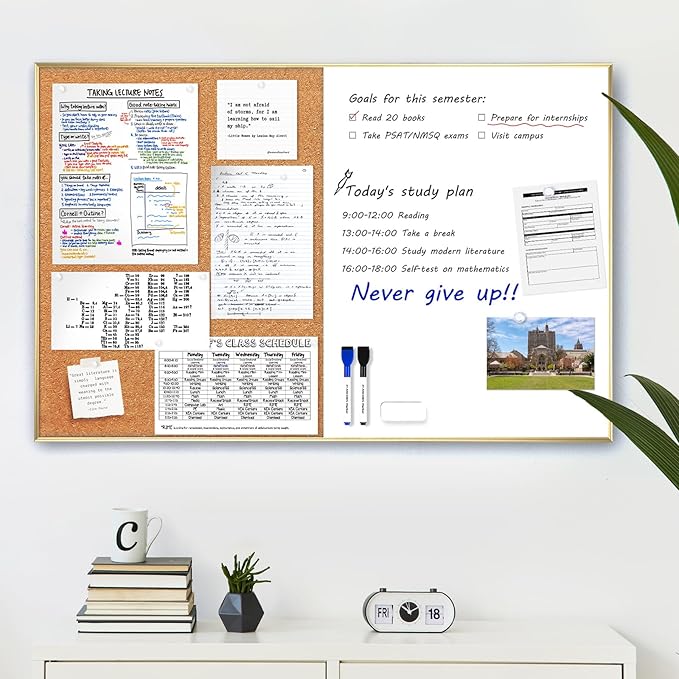ARCOBIS Cork Board White Board Combo, 36 x 24 Inch Bulletin Board-Gold Frame, Magnetic Dry Erase Board & Corkboard for Wall, Vision Board for Home, Office, School