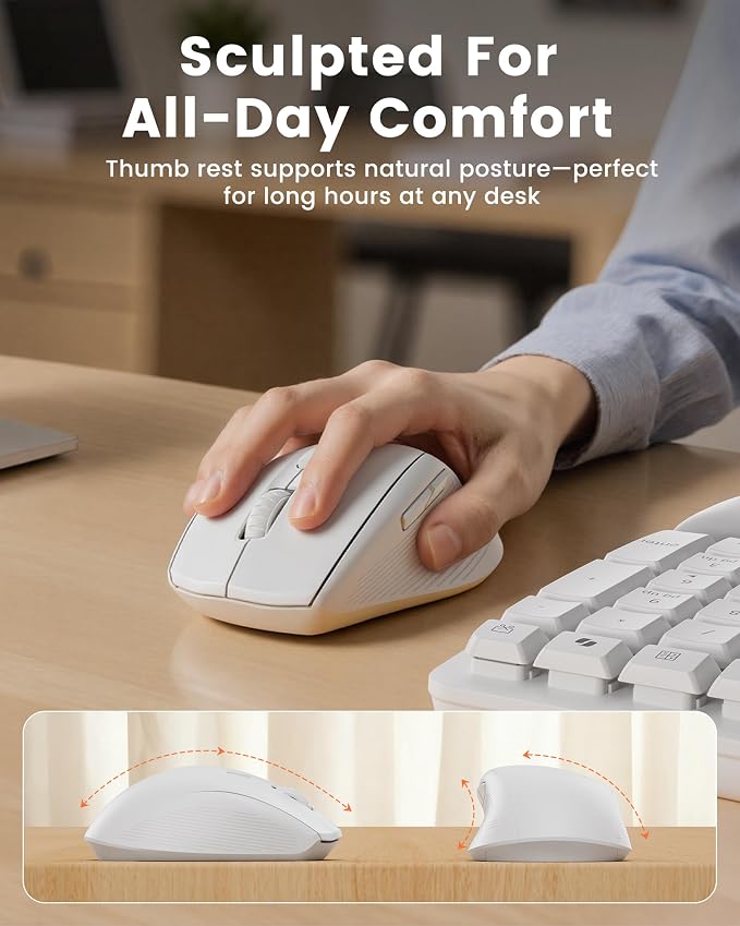White Wireless Keyboard and Mouse Combo for MacBook & Windows, 30dB Quiet Ergonomic Keyboard Set with Wave Keys & Soft Palm Rest, Silent Typing, Dual-System Switch, Ideal for Home Office—Sablute