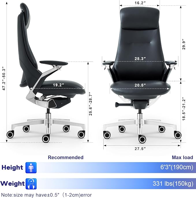 Genuine Leather Executive Office Chair，Top-Grain Cowhide, Ergonomic Design | Adjustable seat and headrest heights, 3-position recline (lockable)—suitable for home offices and high-end office settings.