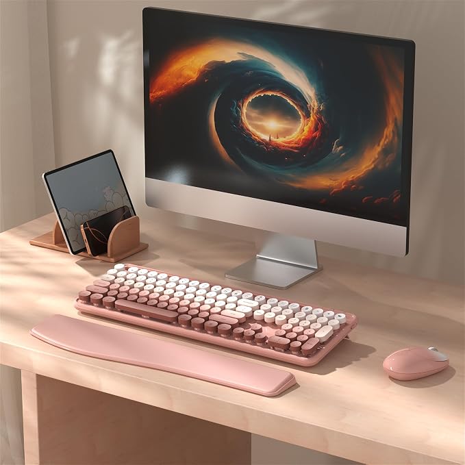 Wireless Keyboard and Mouse Combo with Phone Holder (Peach Colorful) | MPTOG Colorful Typewriter Keys with Wrist Rest, , 2.4GHz Wireless, Full-Sized Optical Mouse for PC and Laptop