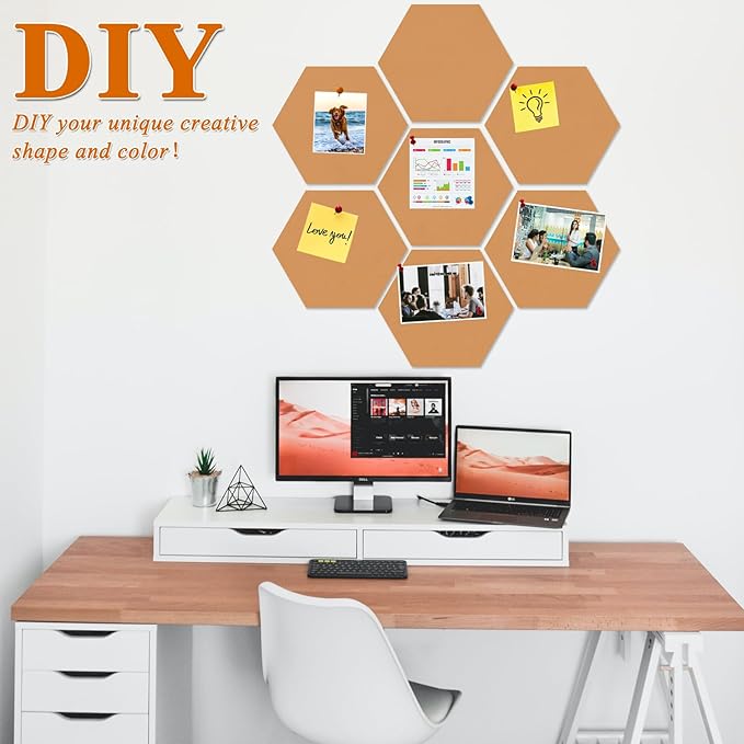 Large Hexagon Felt Cork Board Tiles, Self Adhesive DIY Felt Bulletin Board Pin Board with 35 Pushpins for Office School Home Wall Decor Stickers Memos Photos Display(Deep Camel)