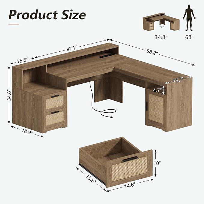 63" Rattan L Shaped Desk with Drawers & Printer Shelf for Home Office | Corner Computer Desk with Storage, Power Outlets, L Shaped Office Desk with Monitor Stand, Printer Shelf, Oak