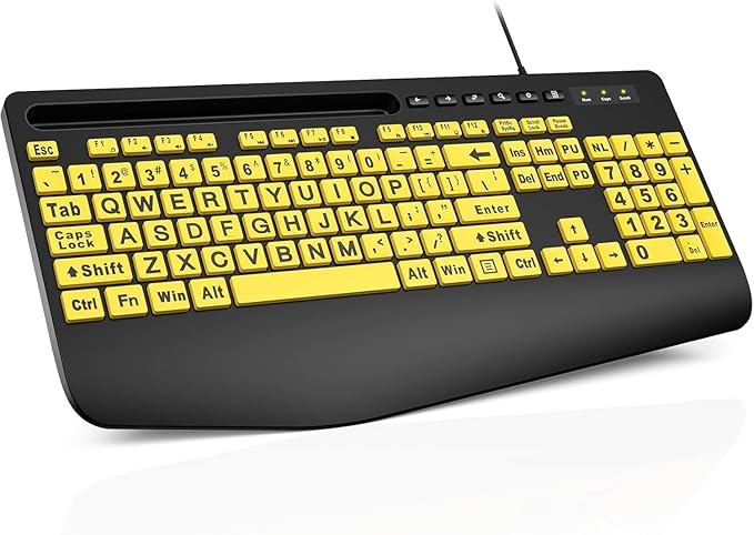 SABLUTE Large Print Computer Keyboard, Wired with Wrist Rest(Yellow+Black) | USB High Contrast Phone Holder Oversized Print Letters Easy to Read for Visually Impaired Vision Individuals