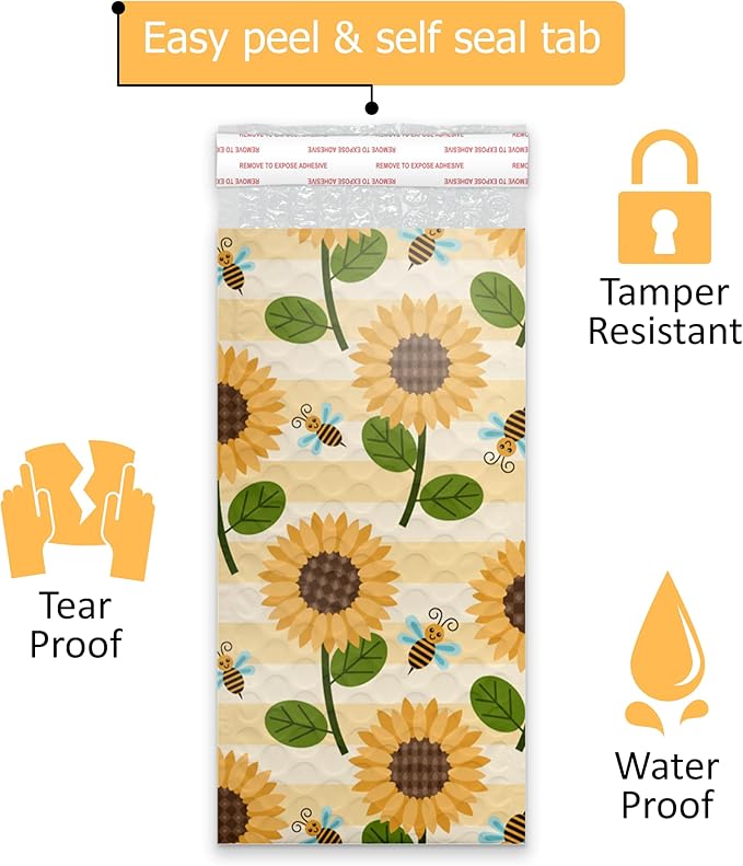 4x8 (20pcs) Sunflowers and Bees Designer Self Seal Poly Bubble Mailers Shipping Envelopes Padded Bags