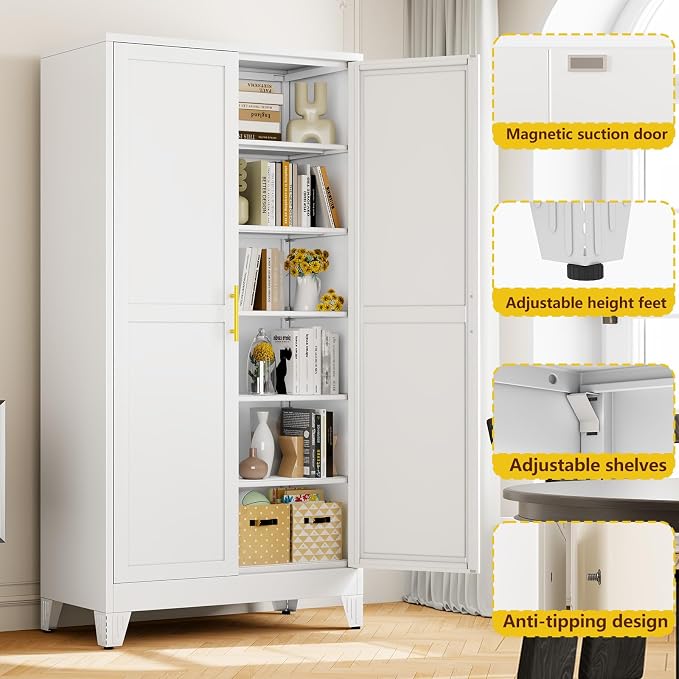 PAOFIN 79" Tall White Kitchen Pantry Cabinet, Metal Storage Cabinet | with 2 Doors and 5 Adjustable Shelves, Steel Freestanding Wider Cupboard for Kitchen Dining Bathroom Bedroom(New Update)