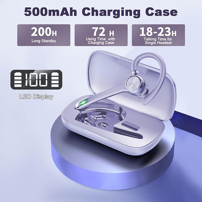 HEIBAS Bluetooth Headset, Wireless Earpiece with Mic for Work | 72H Playtime, 500mAh Charging Case, Hands-Free Calling with Mute Button for Work, Trucker, Office, Driving, Lilac Purple