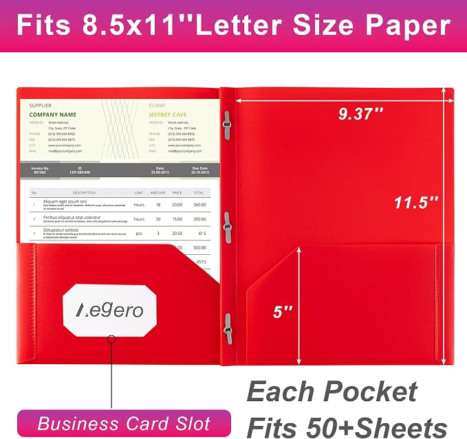 Aegero Folders with Pockets and Prong with Fasteners (6 Pack, Assorted Colors),Durable Plastic Pocket Folders with Prongs,Tear Resistant,2 Pocket 3 Prong Folders for Schoolwork & Office,Letter Size | STANDARD LETTER SIZE & CAPACITY