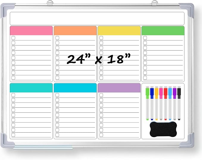 18" x 24" Magnetic to Do List Whiteboard, Weekly Planner, Pleochroic | Large Weekly Dry Erase Board, Double-side Wall Whiteboard Calendar for Planning Drawing Memo, School Home Kitchen Office