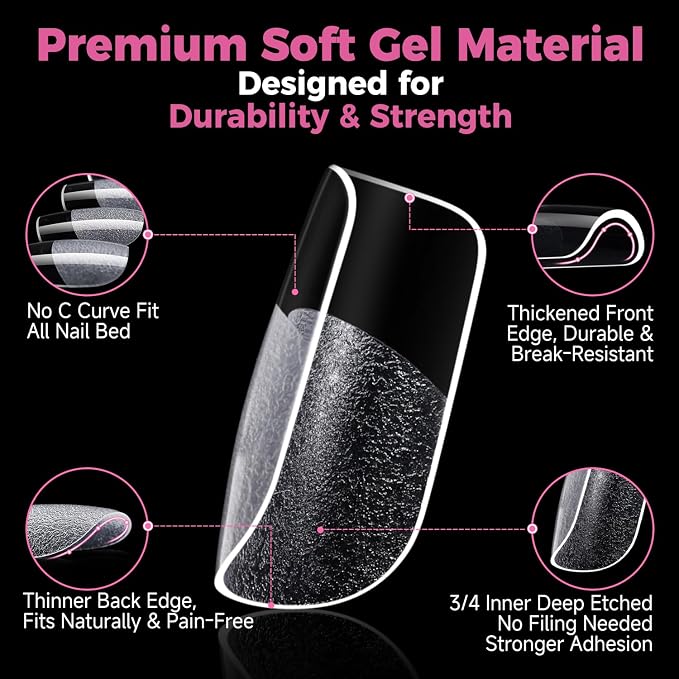 UNA GELLA Gel Nail Tips Square Short, 15 Sizes Short Square Press on Nails | Pre Etched 300pcs Soft Gel Fake Nails Full Cover for Nail Extension Home DIY Salon for Flat & Curved Nail Beds