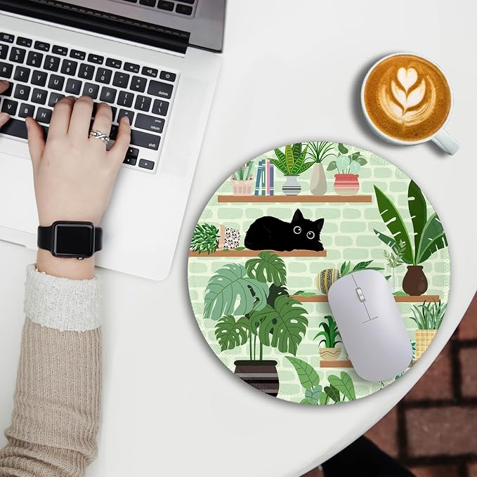Immaturus Cat Mouse Pad, Cute Small Mousepad for Desk Gaming Work Office | 8.6" x 8.6", Travel, Home Decor Desk Accessories, Round, Non-Slip Base, for Wireless Mouse Laptop Computer, Girls Cat Lover