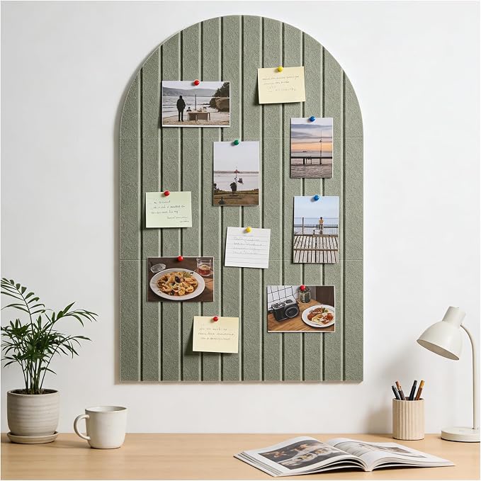 Arched Felt Bulletin Board (Sage Green), 35"x24" Large Wall Decor | 6 Pcs Self-Adhesive Tiles with Push Pins, Felt Cork Board Alternative for Home Office Classroom