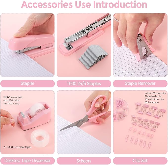 SKYDUE Pink Stapler and Tape Dispenser Set, Pink Office Desk Accessories | Pink Office Supplies, Stapler, Tape Dispenser, Scissors, Clips and 1000pcs Staples,Office Supplies for Desk for Women