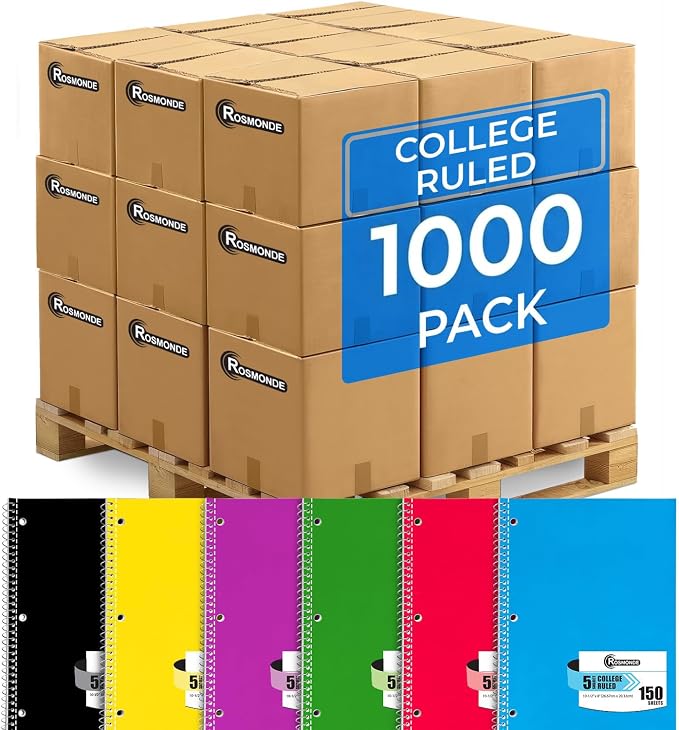 1000 Packs (Pallet), Spiral Notebook, 5 Subject College Ruled Bulk | Spiral Notebook Bulk, 150 Sheets (300 pages), 8 x 10-1/2", Pallet of Notebooks, Spiral Notebooks for School, 4-7 Days Transit