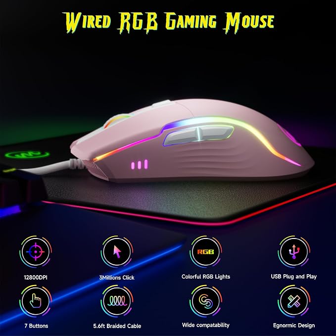 memzuoix Wired Gaming Mouse with RGB - 6 Adjustable DPI up to 12800, 6 Buttons, 12 Lighting Modes, Ergonomic Design with Anti-Slip Rubber Wheel, 5.6ft Braided Cable for PC/Mac/Windows - Pink
