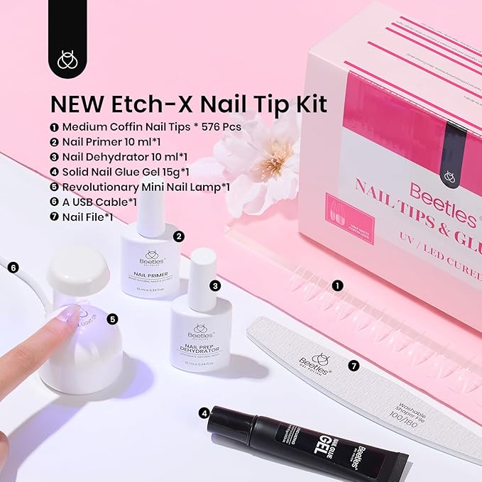 Beetles Gel Nail Kit Medium Coffin with Nail Dehydrator and Primer, 576Pcs Half Matte Etch-X Gel Tips Solid Glue Mini Lamp Acrylic False Tips Easy DIY Extension Set Gift for Women