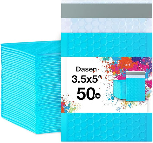 Dasen Bubble Mailers 3.5x5 Inch 50 Pcs,Small Self-Sealing Mail Shipping Bags,Teal Padded Envelopes #0000