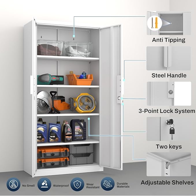 Tall Steel Garage Storage Cabinet with Lock, 71" H Heavy Duty Metal Storage Locker with 4 Adjustable Shelves for Home, Office, White