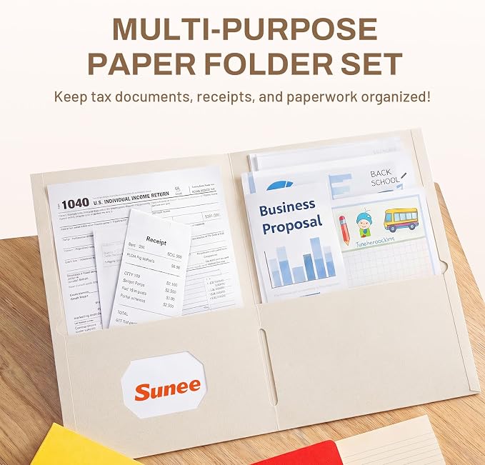SUNEE Folders with Pockets (25 Pack, Warm Beige), 2 Pocket Folders Fit Letter Size, Paper File Folder for School Office Home Business, Textured Paper