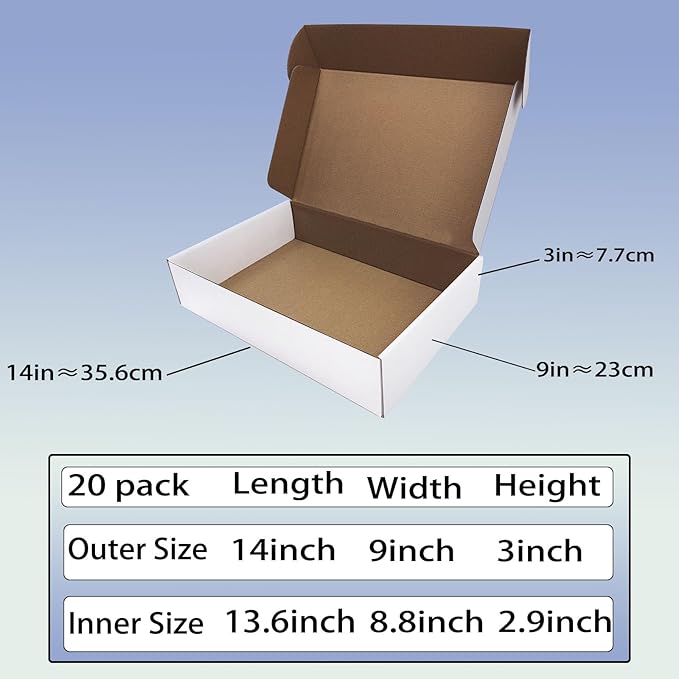 14x9x3 inch Shipping Boxes Set of 20， White Corrugated Cardboard Box Mailer Boxes for Packaging Small Business Shipping，Mailing Boxes Bulk for Birthday Wedding Party Book Literature Gift Giving