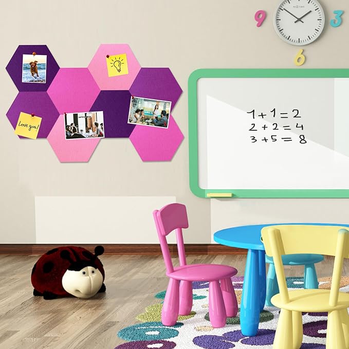 Large Hexagon Felt Cork Board Tiles, Self Adhesive DIY Felt Bulletin Board Pin Board with 35 Pushpins for Office School Home Wall Decor Stickers Memos Photos Display(Deep Purple+Pink)