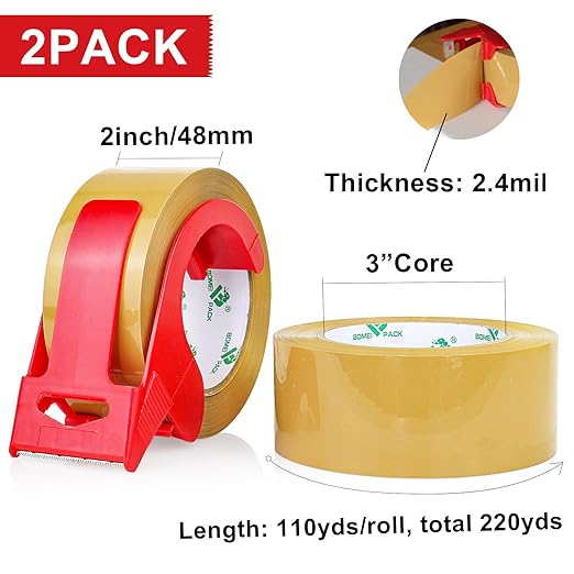 BOMEI PACK Tan Packing Tape with Dispenser, 2.4 Mil 1.88 Inch x 110 Yards, 2 Refills Rolls Brown Tape for Moving, Shipping and Packaging