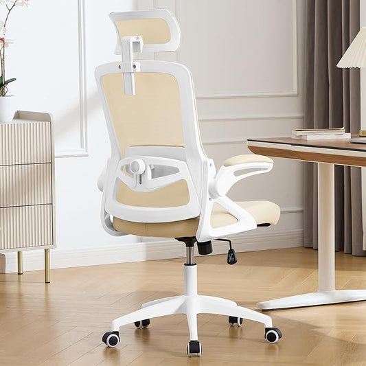 Fizzin Ergonomic Office Chair, 400 LBS Computer Chairs with Adjustable Lumbar Support, Breathable Mesh Desk Chair Ergonomic with Thickened Cushion, Comfy Home Office Desk Chair (Buff Beige)