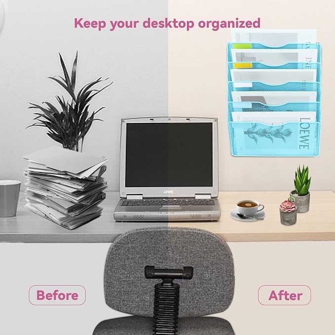 5 Pockets Mesh Wall File Holder Organizer Office Hanging File Folder Magazine Rack, Nametag Label Hooks Set Included (Blue)
