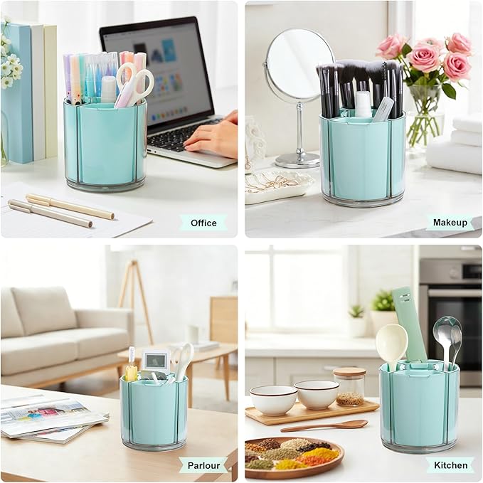 Comix 360° Rotating Pen Holder for Desk, Pencil Holder with 5 Slots, Cute Green Plastic Desk Organizer for Home School Office Supplies
