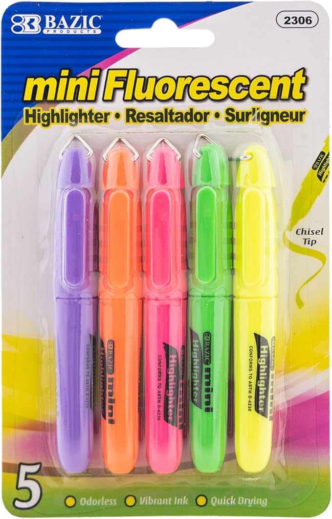 BAZIC Products Mini Highlighter Pen Assorted Color, Chisel Tip Broad Fine Line Highlighters Coloring Marker (5/Pack), 1-Pack