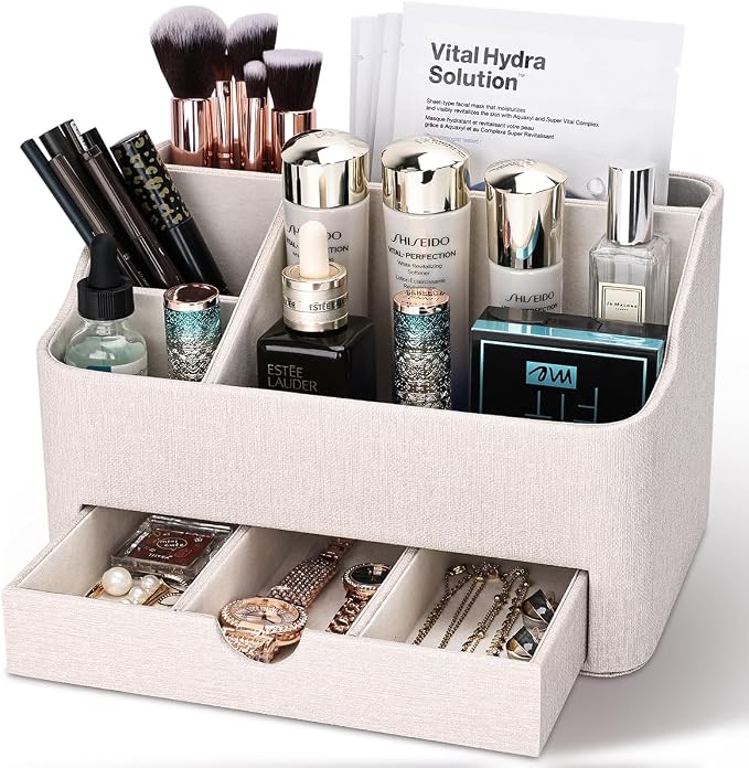 PU Leather Desk Organizer with Drawer, 5 Compartments Desktop Storage Caddy for Office & Home Supplies, Pen Holder for Remote Control, Phone & Accessories, Mail Organizer Countertop(Beige)