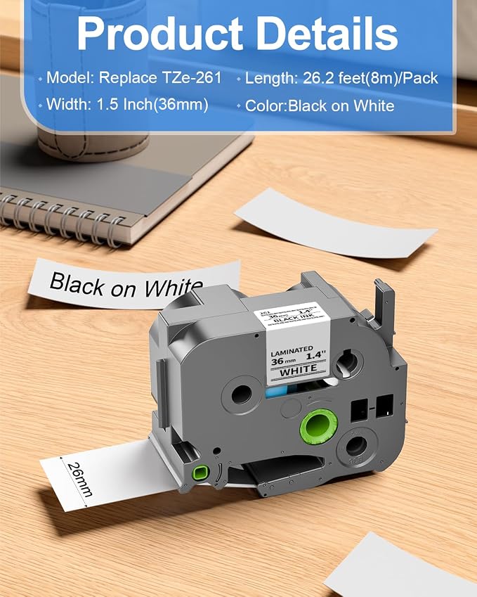 TZe-261 Compatible with Brother P-Touch Label Tape Tze Tape 36mm 1.5 in | Black On White TZ Laminated for PT-P910BT PT-950NW PT-9600 Label Maker Refills 36 mm, 1 1/2" x 26.2' (8m), 4-Pack