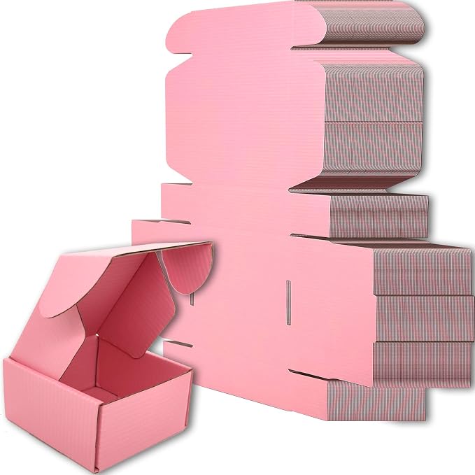 4x4x2 Shipping Boxes Set of 50, Pink Mailer Corrugated Cardboard Box | for Packaging, Literature, Packing, Mailing, Storage, Small Business, Moving, Gift, Supplies, Quick Fold, Tab Locking