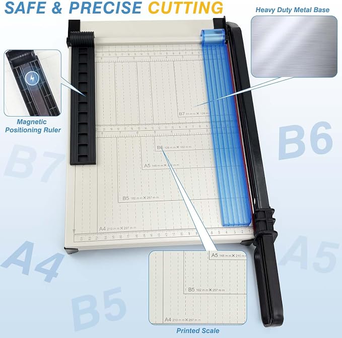 Paper Cutter, 12" Cut Length Guillotine Trimmer, Paper Cutting Board with 10 Sheet Capacity Papers, Metal Base Papers Slicer with Safety Guard for Classroom Office Home Cardstock Crafts & Photo
