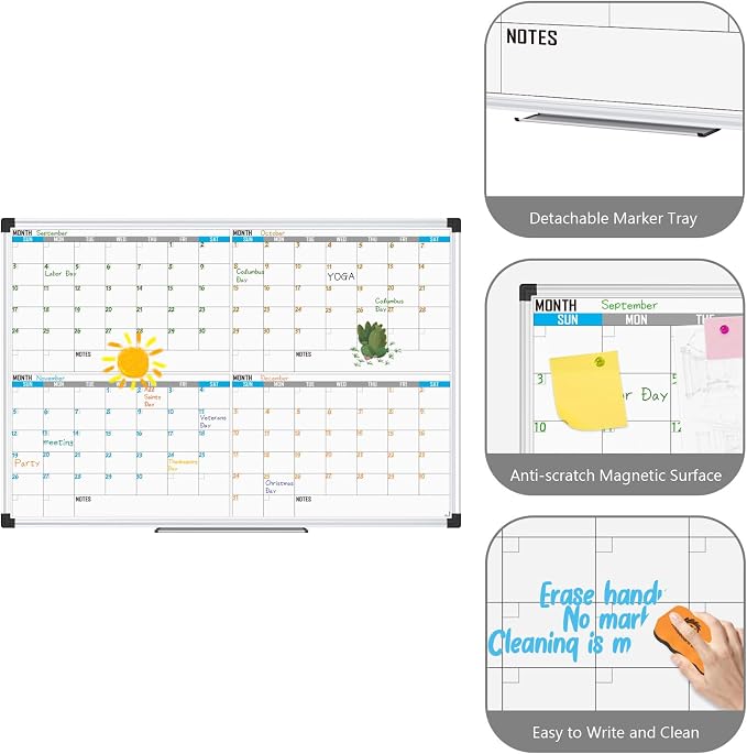 XBoard Magnetic 4 Month Whiteboard Calendar 48" x 36", Quarterly Planning for Office, Home, School