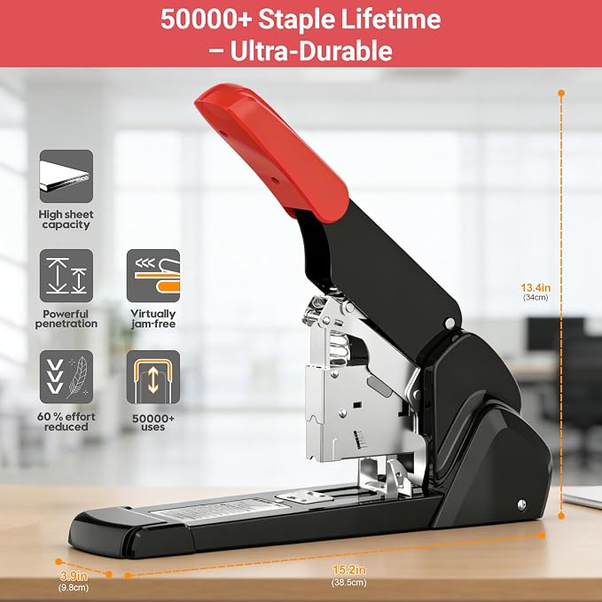 AFMAT Heavy Duty Stapler, 210 Sheet Staplers for Desk with 7000 Staples, Jam-Free, 50000+ Uses, 60% Reduced Effort, Easy Reload, Adjustable Paper Guide, Large Metal Manual Office Staplers, ES15